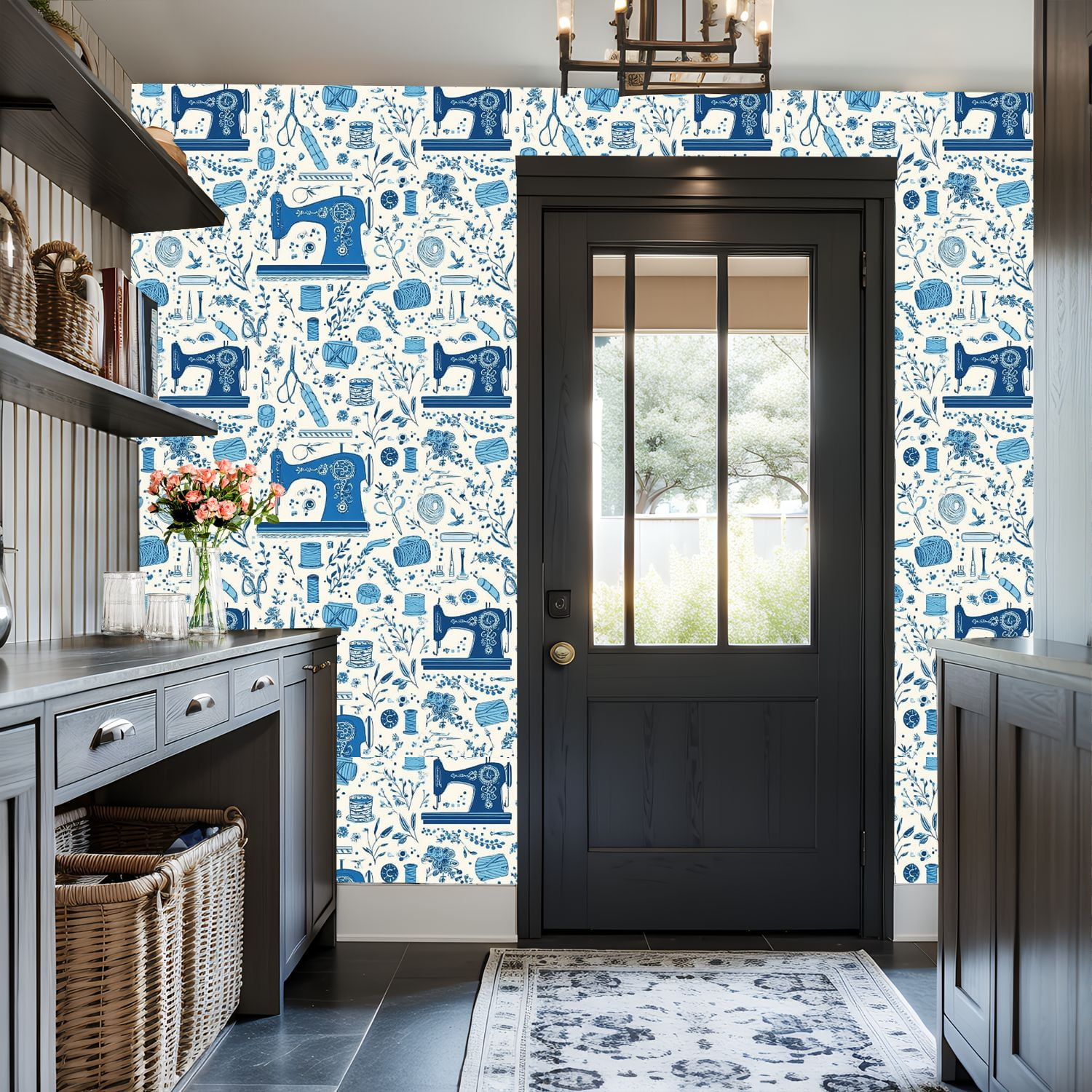 Peel and Stick Wallpaper 17.7in x 9.8ft Blue White Seamless Sewing Vintage Machines Notions Contact Paper Vinyl Self-Adhesive Removable Wall Paper for Bedroom DIY Home Decor Renter Friendly