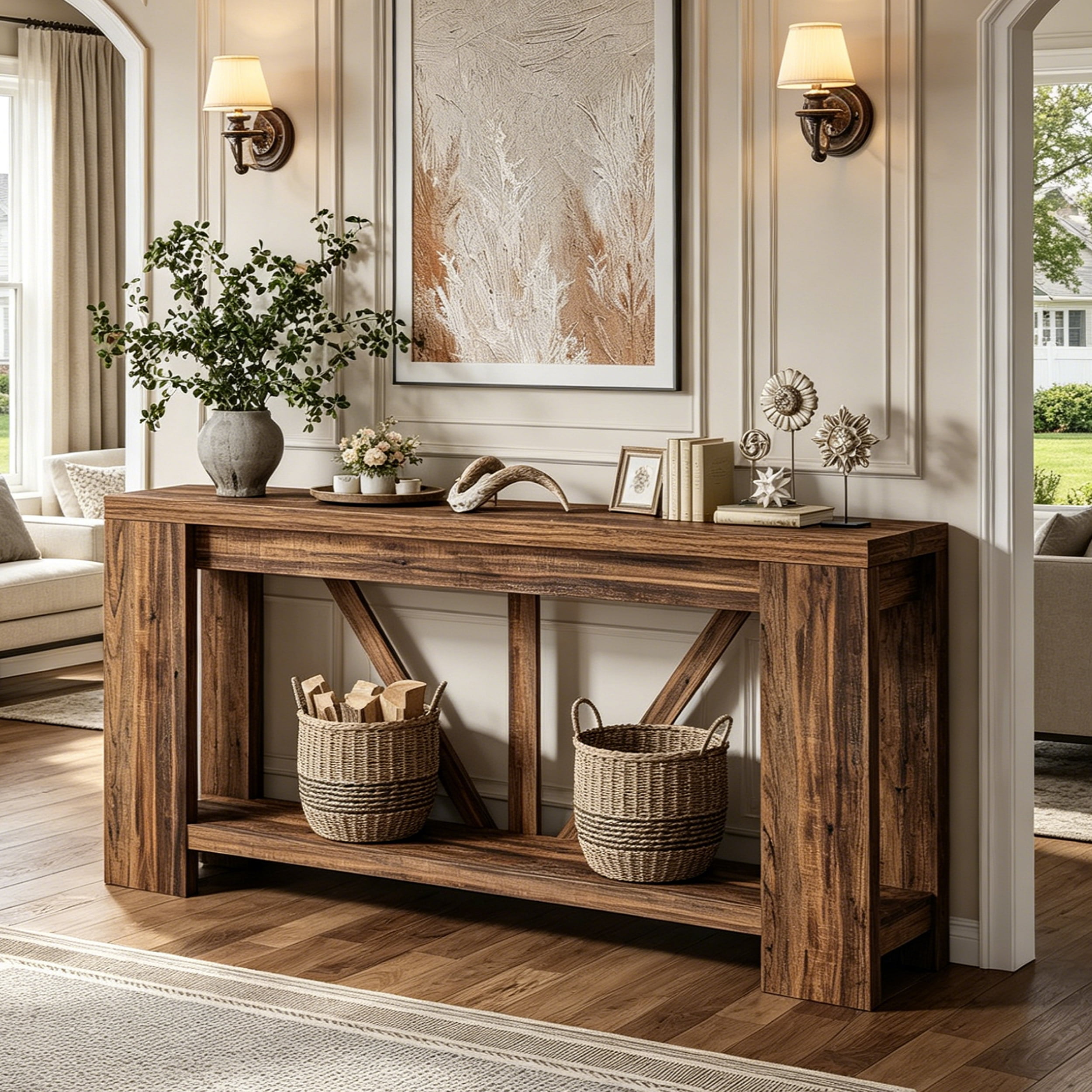 Fnova 70.9" Console Table, 2-Tier Farmhouse Entryway Table, Narrow Long Wood Sofa Table Behind Couch with V-Shaped Support for Living Room, Hallway, Foyer