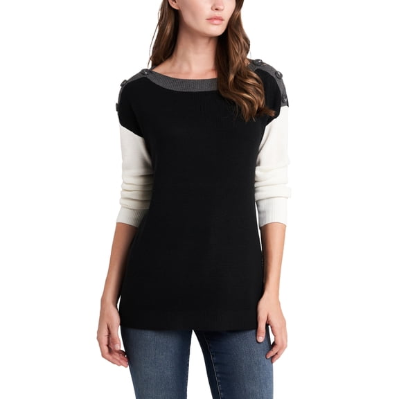 VINCE CAMUTO Womens Black Ribbed Sheer Button Detail Slitted Sides Color Block Long Sleeve Boat Neck Sweater M