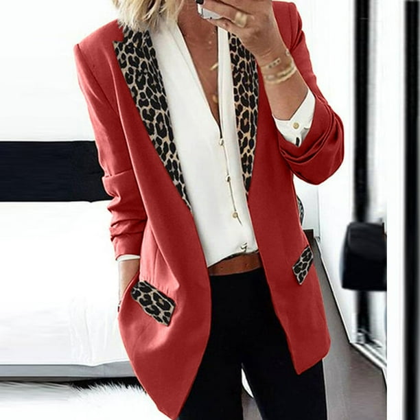 Puntoco Fahion Capa de solapa para mujer Leopard Notch Laple-Blazer Traje de oficina informal Outwear Puntoco Puntoco-4578