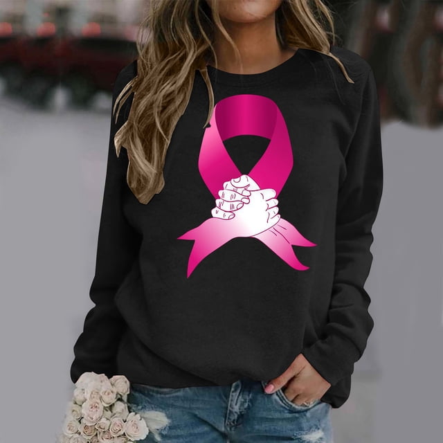 Jsaierl Chandails en Molleton Cancer du Sein Femmes Sensibilisation au Cancer Hauts T-Shirts Graphiques Léopard Manches Longues Col Rond Pull Cadeaux Inspirants pour Survivante du Cancer