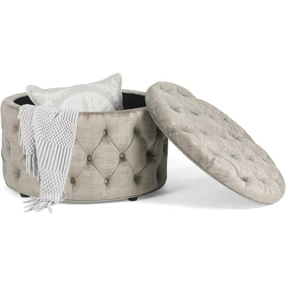 Homebeez 28 Inch Round Velvet Storage Ottoman, Button Tufted Footrest Stool Coffee Table for Living Room (Light Grey)