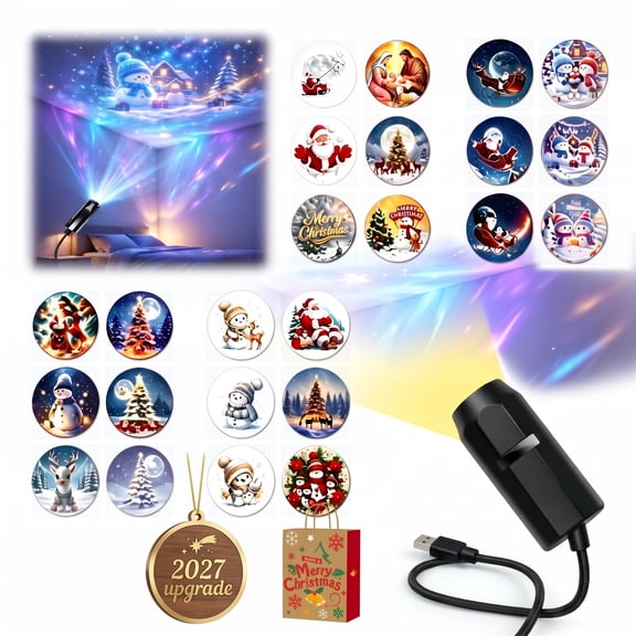 Plug and Play HD Christmas Projector Indoor, 5D Holographic Night Light Projector, USB 360° Flexible Gooseneck for Bedroom Ceiling