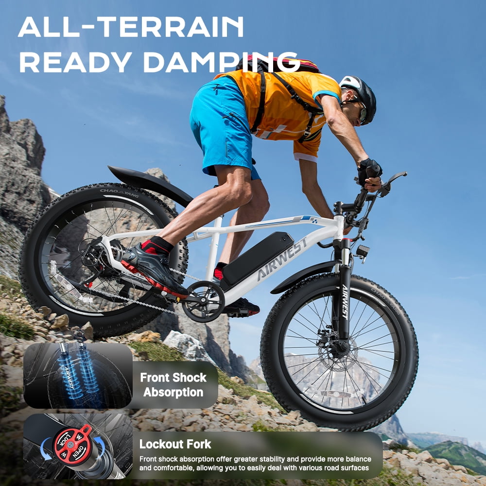 AIRWEST 26" Fat Tire Electric Mountain Bike for Adults, 750W Peak Motor, 48V 13Ah Removable Battery, 7-Speed, All-Terrain E-Bike for Snow, Sand & Trails, Up to 25MPH，UL2849