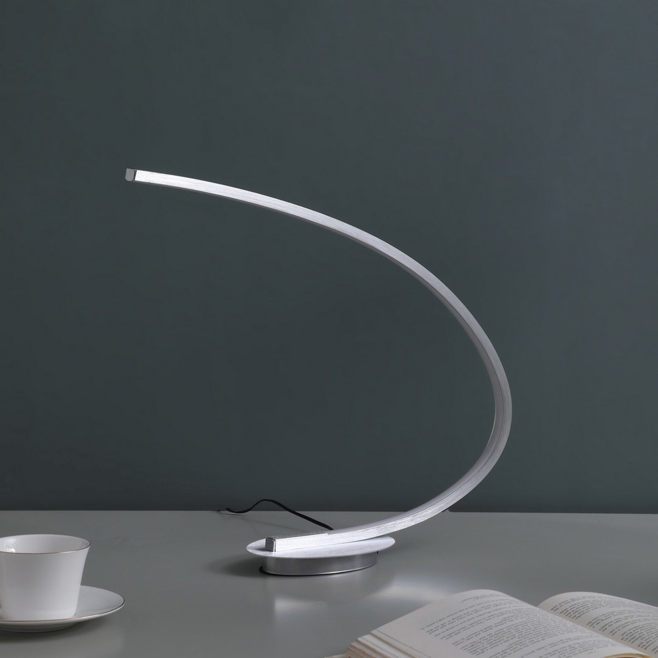 Noble House Eli 16" LED Arc Tube Table Lamp, Brushed Silver, Integrated Desk Lamp for Living Room, Silver