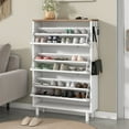 thumbnail image 2 of Shoe Cabinet with 3 Flip Drawers,Wooden Grain Pattern Top Entryway Organizer with 3 Hooks,Free Standing Shoe Rack with Adjustable Panel for Hallway,White, 2 of 9