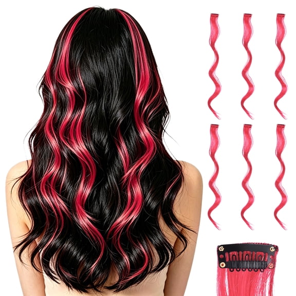 Uxcell 6 Pcs Colored Clip in Hair Extensions, 22 Inch Curly Hair Wavy Extensions for Women Girls Highlights Synthetic Wig for Party Cosplay Daily Hair Styling, Bright Red