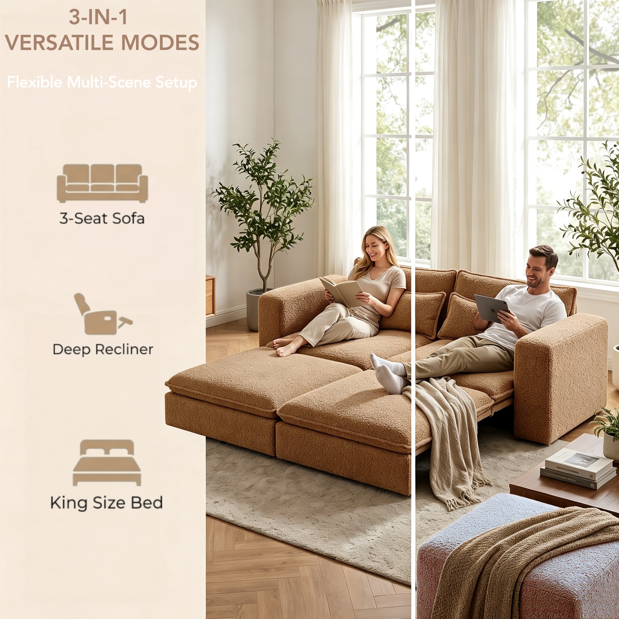 3-in-1 King Size Sleeper Sofa Bed, 93" Sherpa Fleece Pull Out Couch with Wide Armrests & Deep Seat, Modern Convertible Futon Lounge Sofa with 2 Pillows, Camel