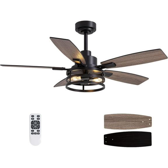46 Inch Ceiling Fans with Lights and Remote Control, Farmhouse Ceiling Fan for Bedroom Living Room and Patio, Black Caged Ceiling Fan for Indoor and Outdoor