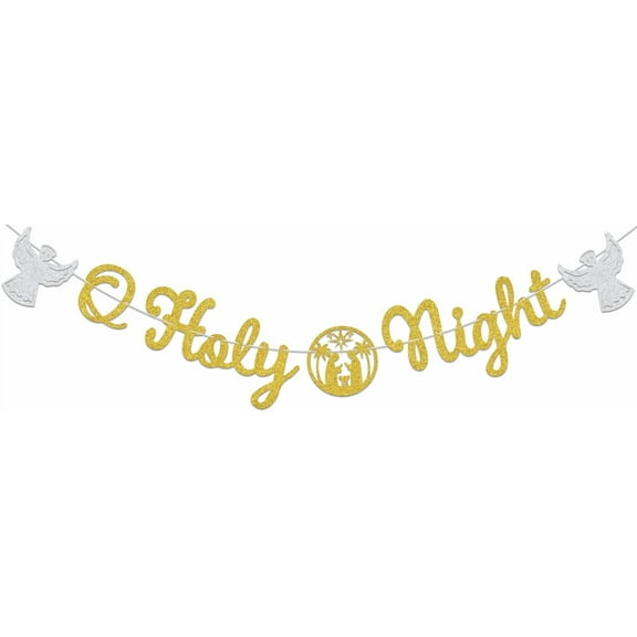 O Holy Night Banner, Christmas Jesus Decor, Gold Glitter Rectangular Banner, Perfect for Parties & Decor