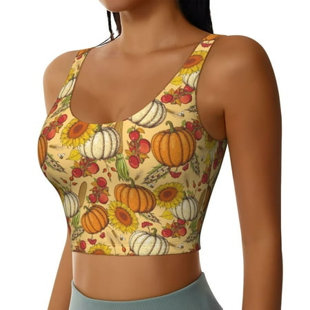 Lukts Pumpkin And Sunflower Print Womens Workout Tank Tops U Back Workout Fitness Top with Built in Shelf Yoga Bra X-Large