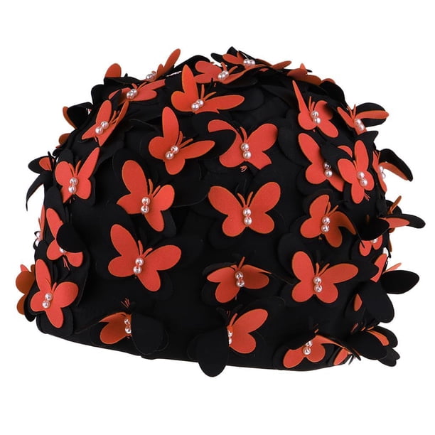 Gorro de natación para mujer, elegante y retro, gorro de natación con mariposas, decoración de perlas para cabello largo, damas, mantienen el cabello naranja Sunnimix Gorro de piscina para mujer