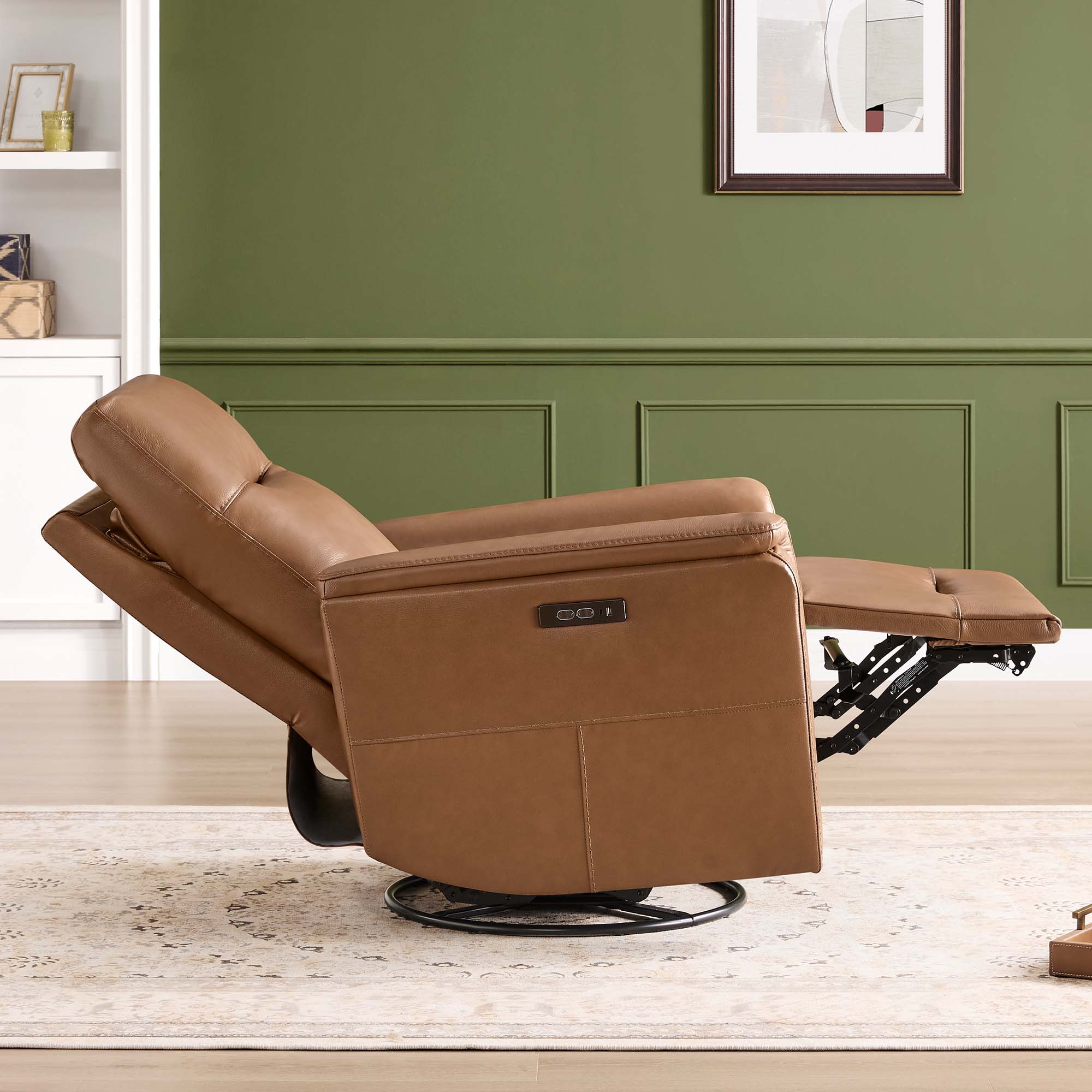 Spruce & Spring Genuine Leather Dual Motor Swivel Glider Recliner Chair, Saddle