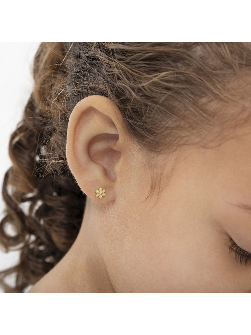 14k Gold Tiny Flower Clear CZ Baby / Toddler / Kids Earrings Safety Screw Back