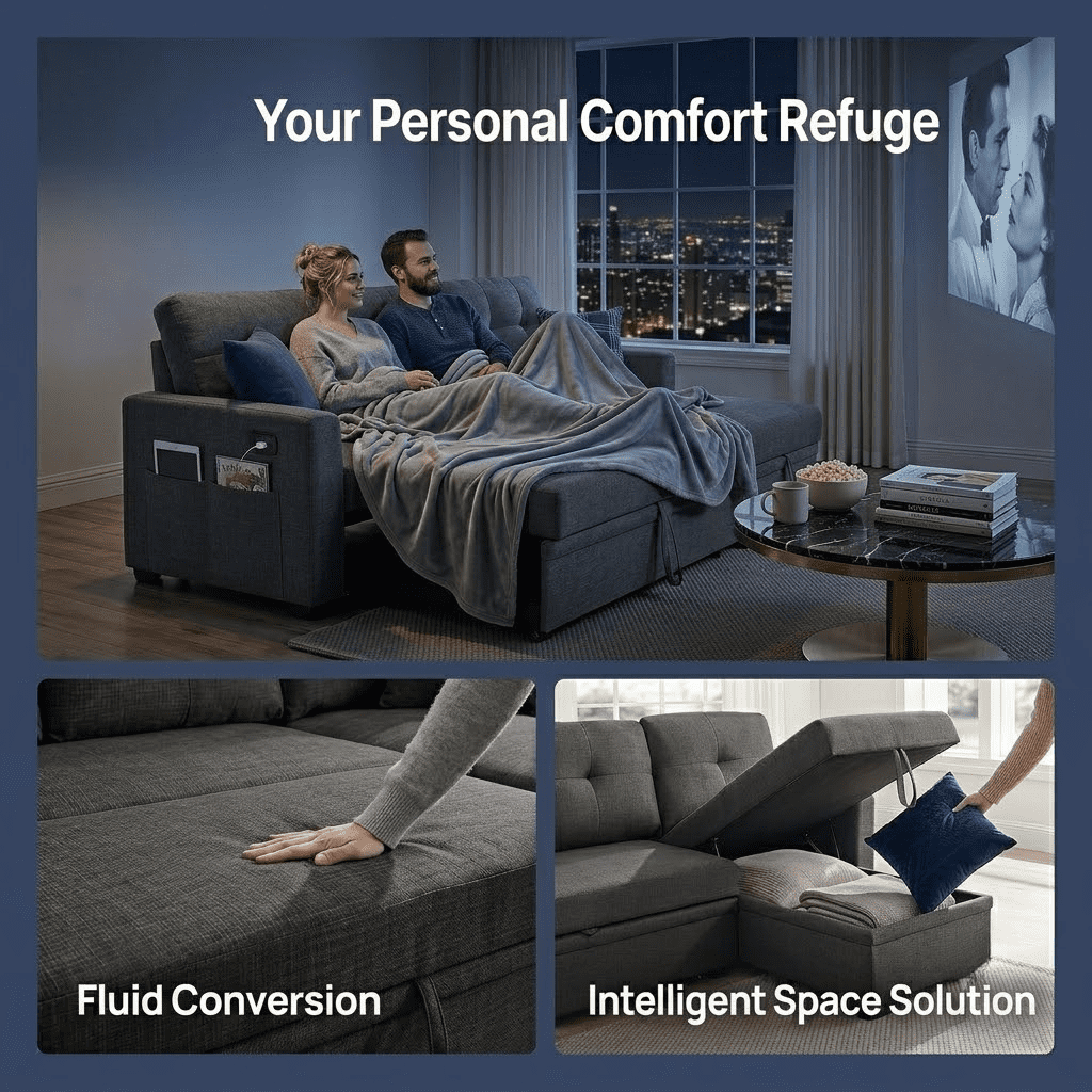 EPOWP 82" Sectional Sofa Bed, L-Shaped Sleeper Pull Out Couch with Storage Chaise & USB Charging Ports, Linen Fabric for Small Apartment Living Room,Dark Grey
