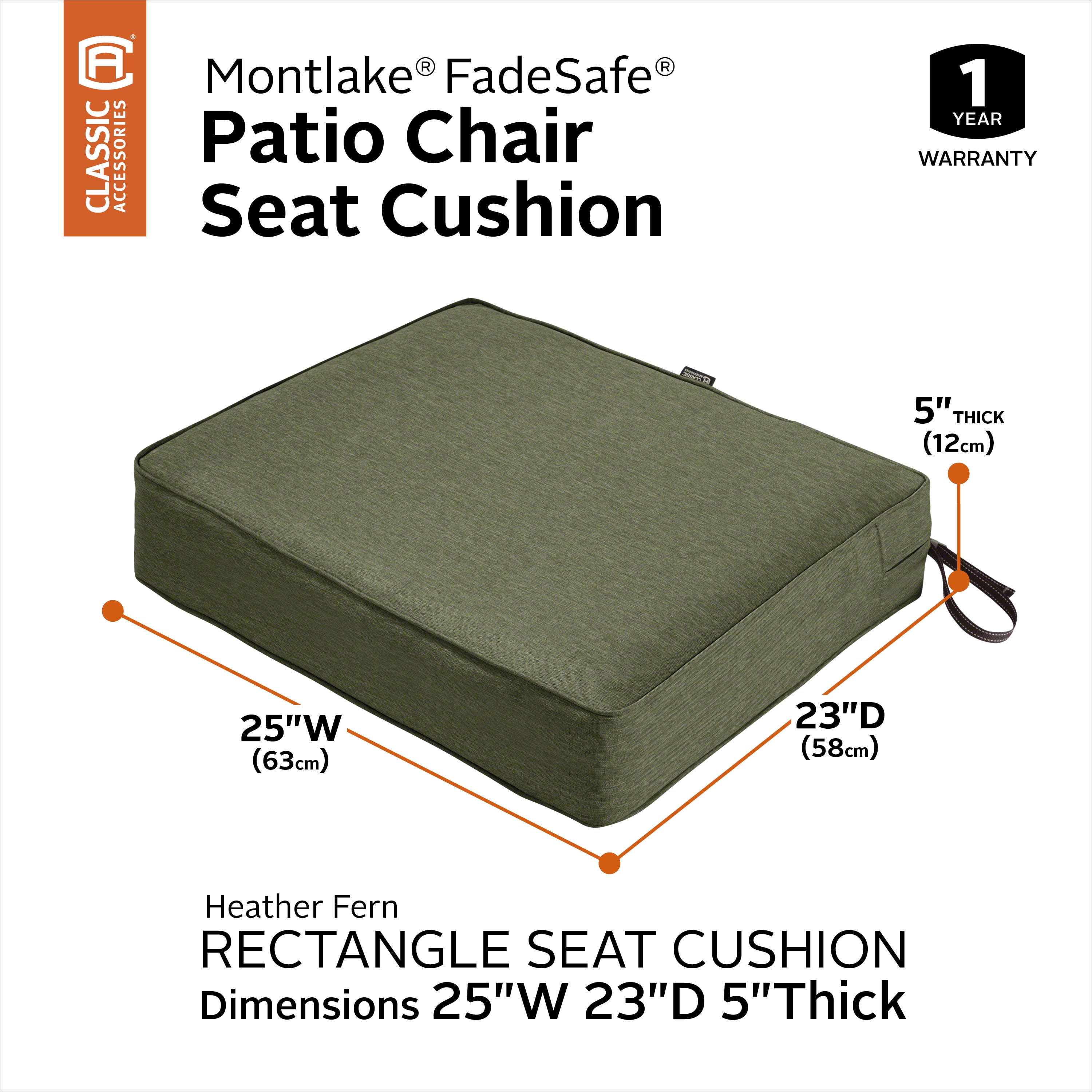 Classic Accessories Montlake FadeSafe Rectangular Patio Dining Seat Cushion - 5" Thick - Heavy Duty Outdoor Patio Cushion with Water Resistant Backing, Heather Fern Green, 25"W x 23"D x 5"T
