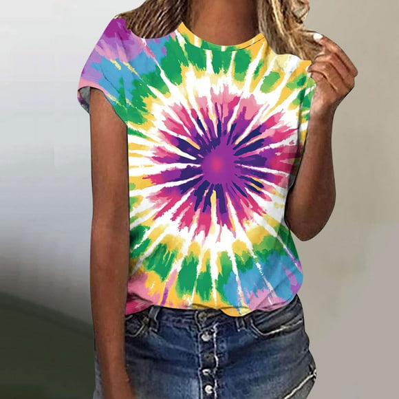Staron Women Summer Tops Clearance Under $10 Short Sleeve Casual T-Shirts Crew Neck Basic Tees Trendy Loose Shirts Dressy Summer Tie Dye Tunic Tops