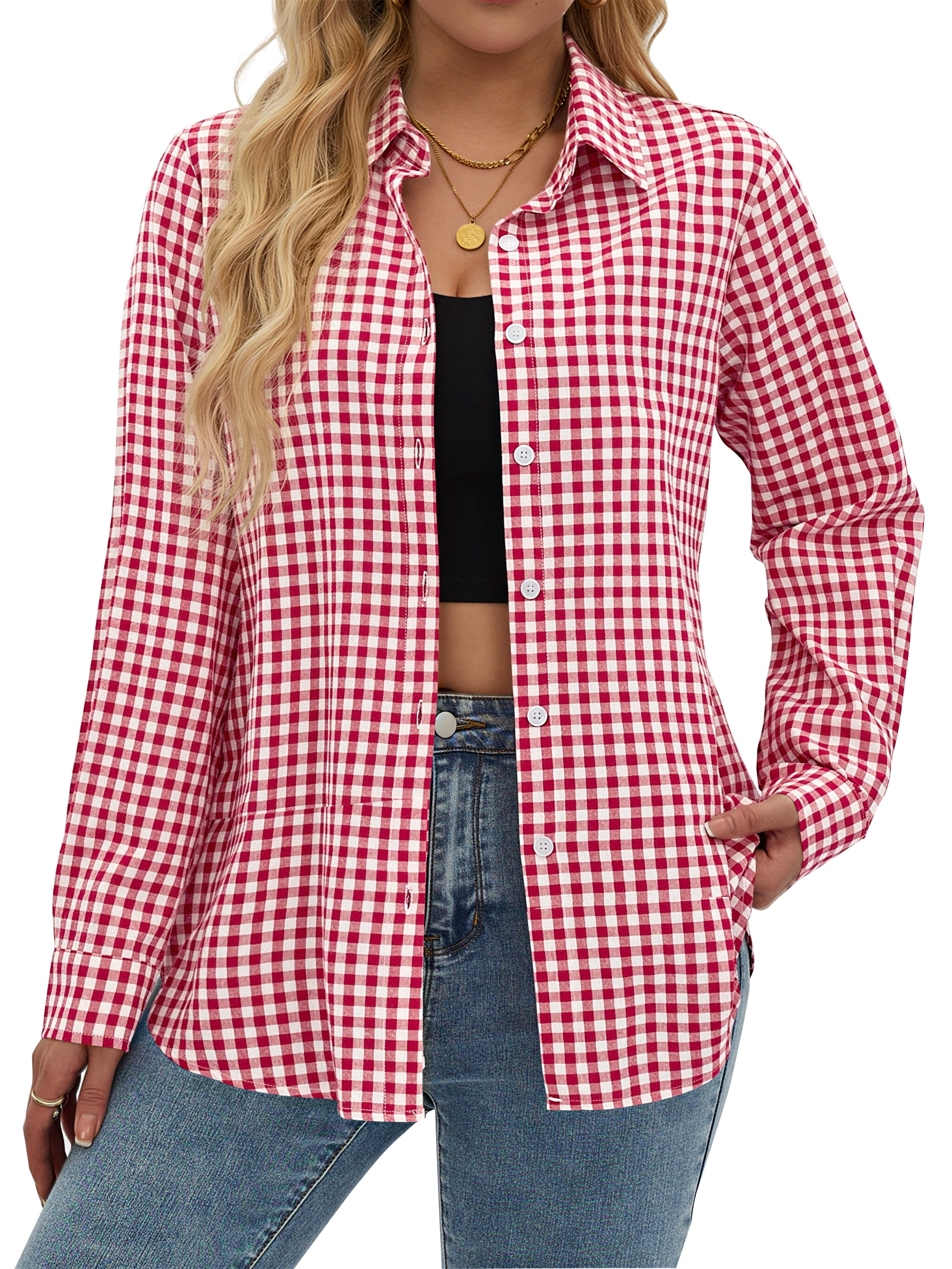 Fantaslook Plaid Button Down Shirts for Women Dressy Casual Long Sleeve Shirts Collared Work Blouses Tops