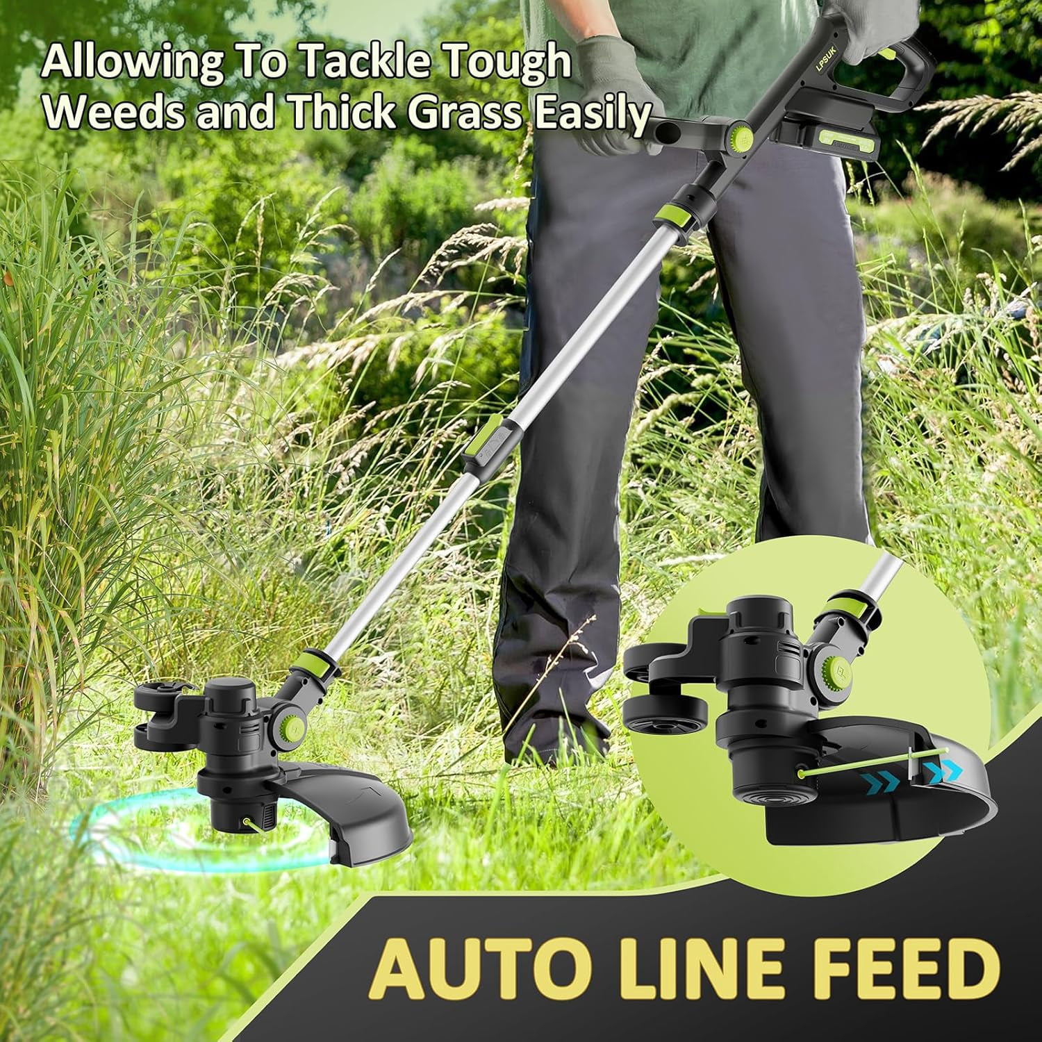 DSstyles Weed Wacker 20V Cordless String Trimmer, Two Powered with Fast Charger, 12'' Grass Cutter with Auto Line Feed,Garden,Green