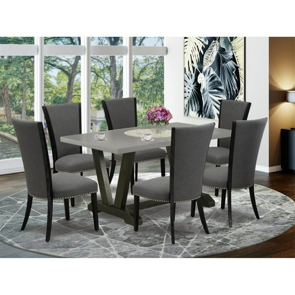 East West Furniture V-Style 7-Piece Wood Dining Set in Cement/Dark Gray/Black