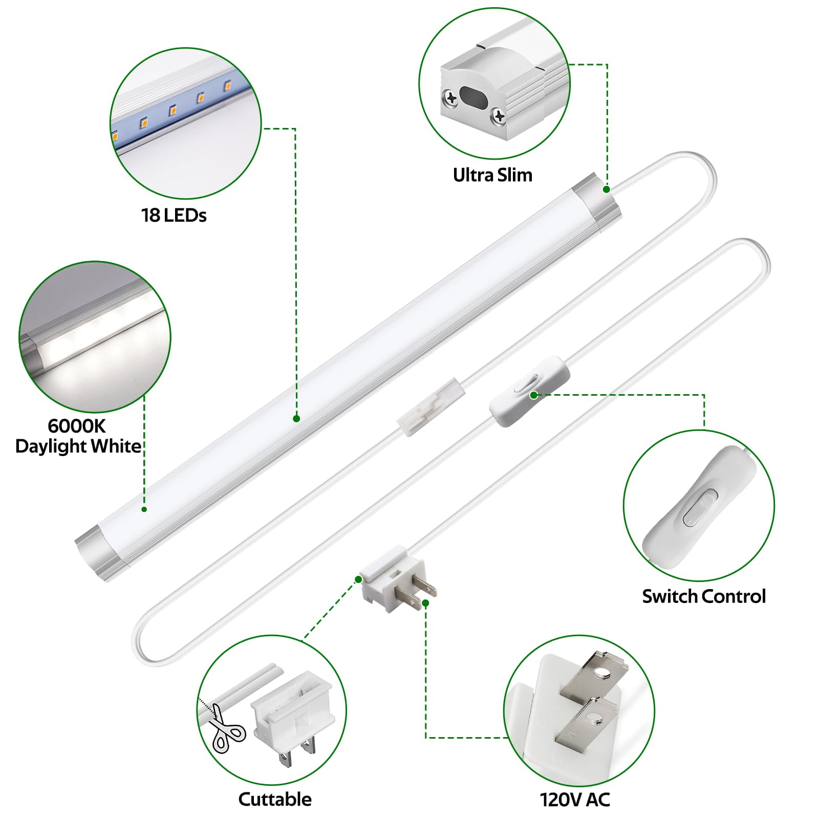 Dimmable 12-Inch Under Cabinet Lighting - 6 Pack Linkable LED Lights for Kitchen, Closet, Workbench, Desk, Cupboard, and Garage - 120V Plug-in & Hardwired, Cold White 6000K