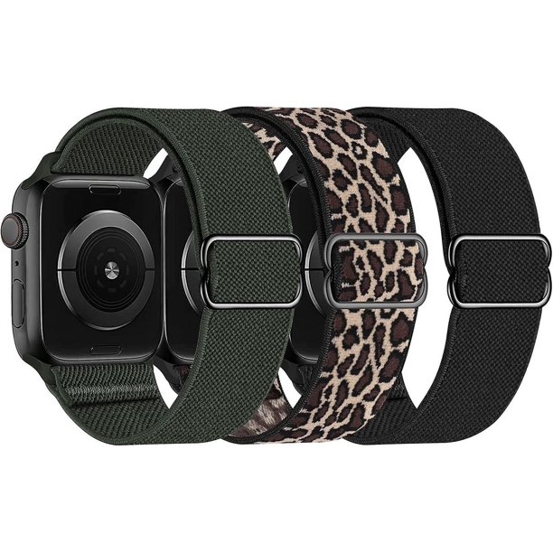 Bandas elásticas de nailon Solo Loop compatibles con Apple Watch 41 mm 40 mm 38 mm, correa para Iwatch Series 7 6 5 4 3 2 1 Se (leopardo, negro, trébol) negro/le