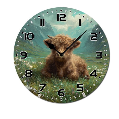 ZXCXRQFa Silent Clocks Cute Baby Highland Cow Flowers Animal Wall Clock Battery Operated Non Ticking Silent Analog Rustic Farmhouse Round Clock Wood Decor for Home Kitchen Living Room Bathroom