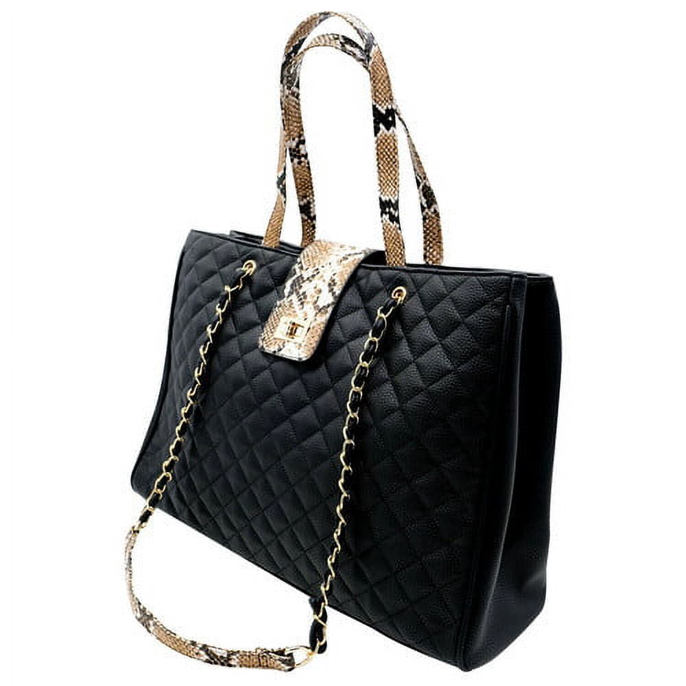 Bhumane Laptop Tote Shoulder Bags (up to 15.6 inch) Water Resistant Quilted Handbag Large Capacity with Padded Compartment Business Work Office Compatible with MacBook & Notebook (Black w tan snake)