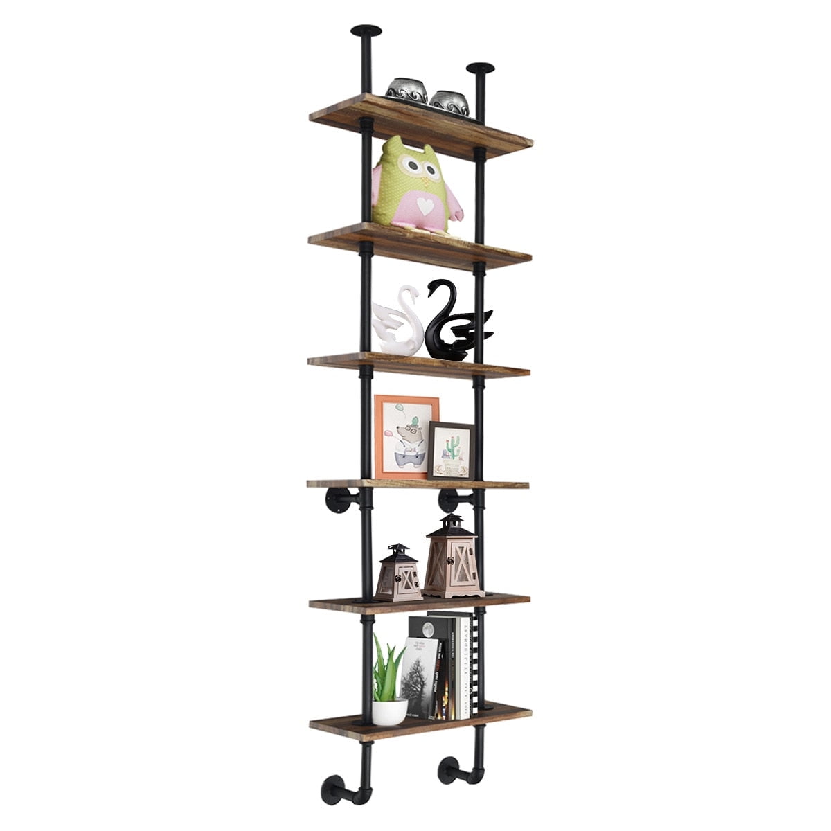 Brown 6Shelf Rustic Pipe Shelving Unit, Vintage Industrial Wall Shelf