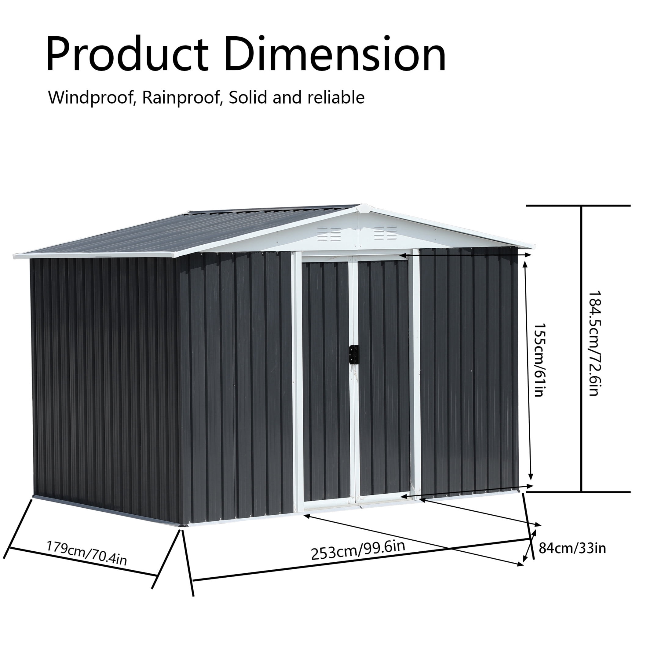 Noble House 8x6 FT Metal Garden Storage Shed, Apex Roof Outdoor Tool & Bike Shelter with Sliding Doors, Dark Grey