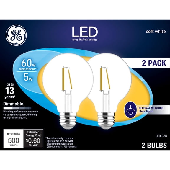 PLUHKN-LED Light Bulbs, 60 Watt, Soft White, G25 Globe Bulbs, Clear, Medium Base (2 Pack)