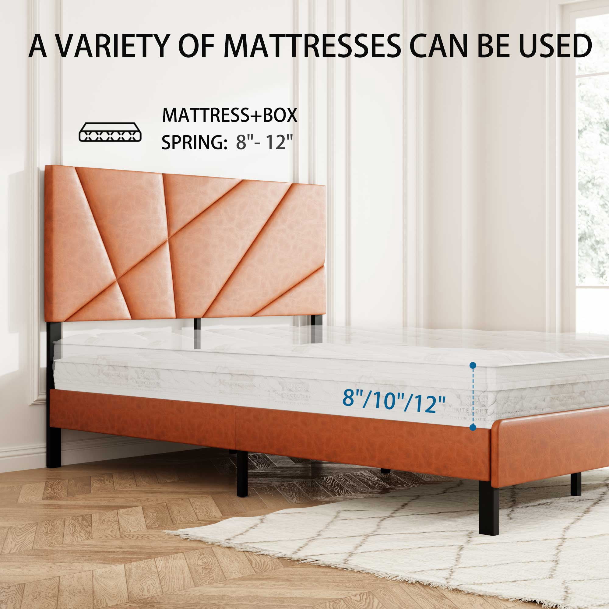 Miniyam Queen Size Upholstered Platform Bed with Faux Leather Headboard for Adult, Metal Slats, Brown