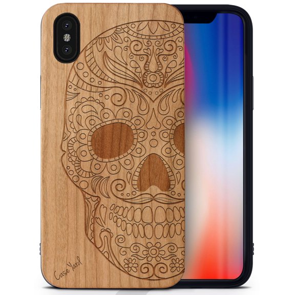 Case Yard Wooden Case Outside Soft TPU Silicone, Slim Fit Shockproof Wood Protective Phone Cover for Girls Boys Men and Women, Supports Wireless Charging Half Skull Design case for iPhone-XS-Max