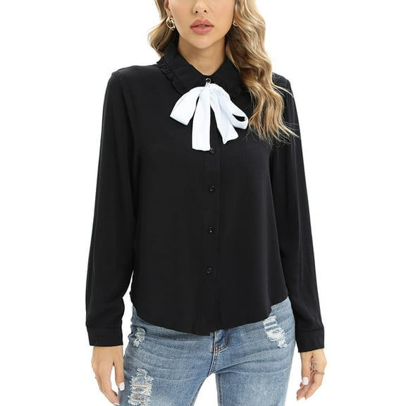 Women's Bow Tie Shirts Flounce Peter Pan Collar Long Sleeve Button Down Blouses OL Casual Work Tops, Black B S-XXL