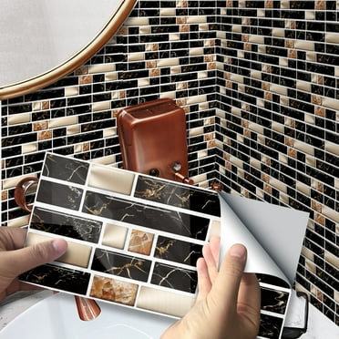 10-Sheets Tiles Stickers Black Gold Mosaic Brick Vinyl Decals Peel and Stick for Kitchen Bathroom