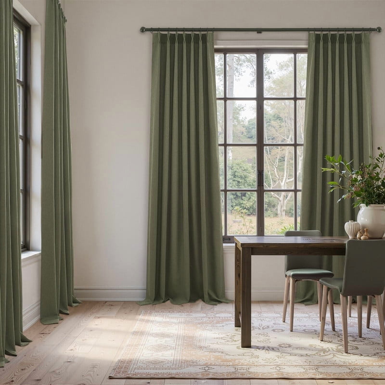 Topfinel Light Filtering Curtains Natural Pinch Pleated Drapes Back Tab Pinch Pleat Hooks Rings Window Treatments for Living Room Bedroom, Green, 40x96 inch, 2 Panels