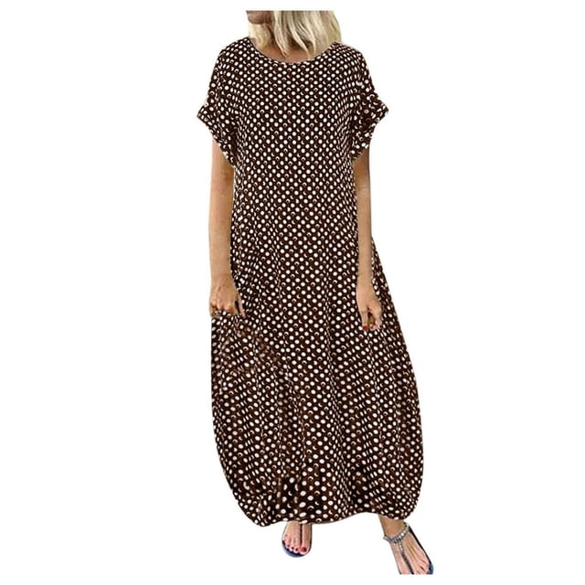 Robe Blanche Femme Décontractée à Pois Manches Courtes Col Robe Maxi