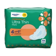 Equate Ultra Thin Pads with Wings, Unscented, Overnight, Size 4 (114 Count)