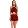 thumbnail image 2 of TiaoBug Shiny Rhinestone Lyrical Dance Dress for Women Sheer Mesh Cutout Straps Back Leotard Modern Dance Dress Burgundy XXL, 2 of 7