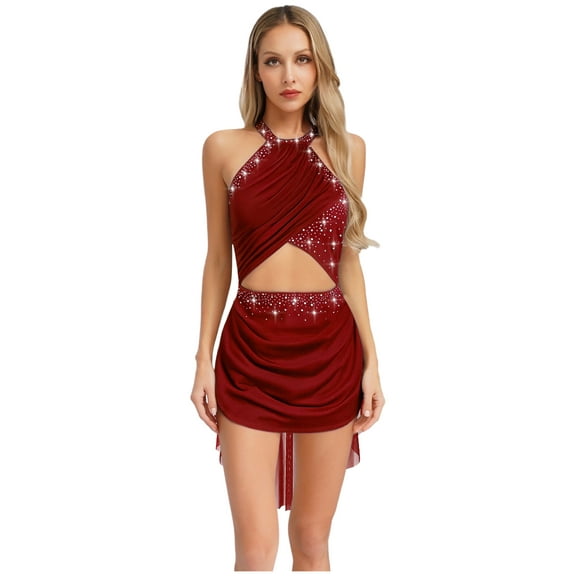 Miutii Sparkly Rhinestone Leotard Lyrical Dance Dress for Womens Cutout Strappy Backless Dance Leotard Burgundy L