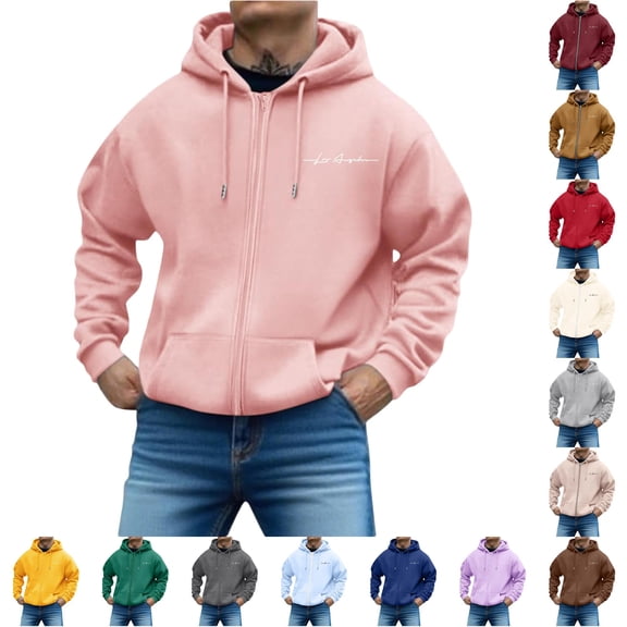 RUTAYY Men's Zip Up Hoodie Long Sleeve Front Pocket Cursive Letter Graphic Jacket Sweatshirt Light Pink