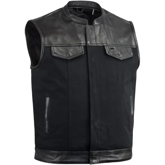 First Mfg Co - 49/51 - Men's Motorcycle Vest Roll Up Collar - Leather Canvas - Black - 6X Large