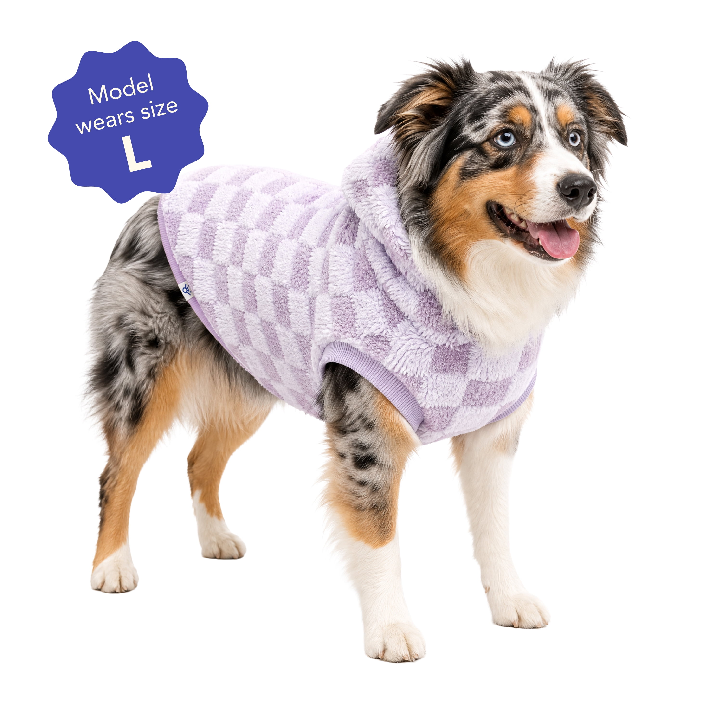 Oodles Checkerboard Fall Sherpa Dog Hoodie, Purple, Large