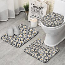Black Daisy Flower Checkered Pattern Bathroom Rugs Sets 3 Piece,Toilet Cover Set,Absorbent Non Slip Bathroom Mats Sets with U-Shaped Contour Rug Toilet Rug Set
