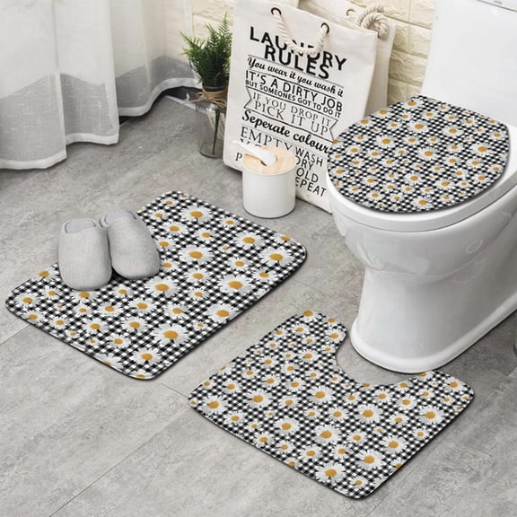 Black Daisy Flower Checkered Pattern Bathroom Rugs Sets 3 Piece,Toilet Cover Set,Absorbent Non Slip Bathroom Mats Sets with U-Shaped Contour Rug Toilet Rug Set