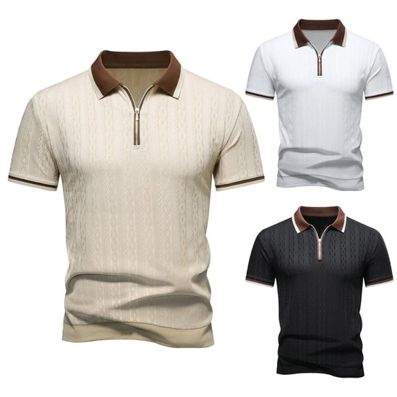 Antinious Men Solid Knit Zip Collar Pullover Short Sleeve Business Versatile Casual Tops