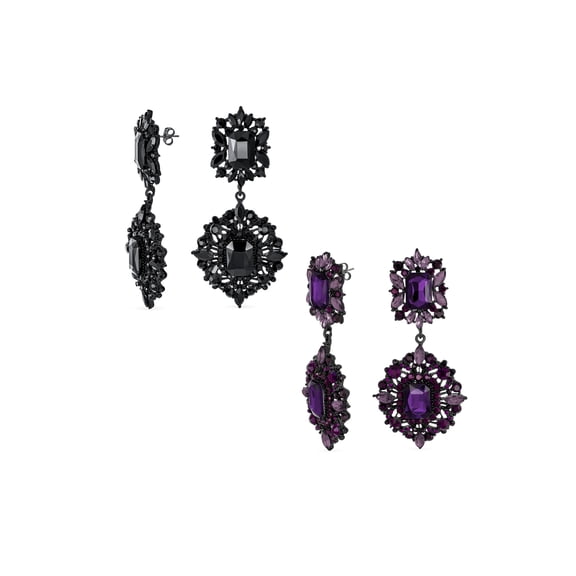 Bling Jewelry Womens Set of 2 Big Crystal Art Deco Purple and Black Dangle Earrings Black Plated
