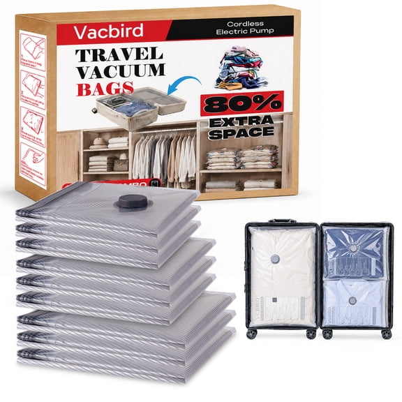 Vacbird 9 Pack Travel Vacuum Storage Bags - Pump Not Included, Vacuum Seal Bags for Clothing, Compression Packing for Clothes Luggage Suitcase Travel