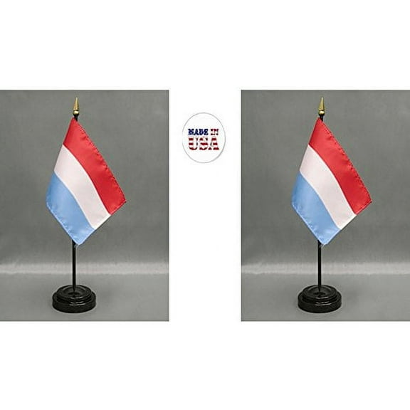 Made in The USA. 2 Luxembourg Rayon 4"x6" Miniature Office Desk & Little Hand Waving Table Flags Includes 2 Flag Stands & 2 Small Mini Luxembourger Stick Flags