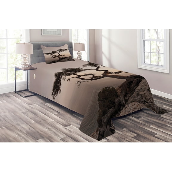 Ambesonne Tree Quilted Coverlet 2 Pcs, Lonely Juniper Tree Fall, Twin Size, Brown Grey